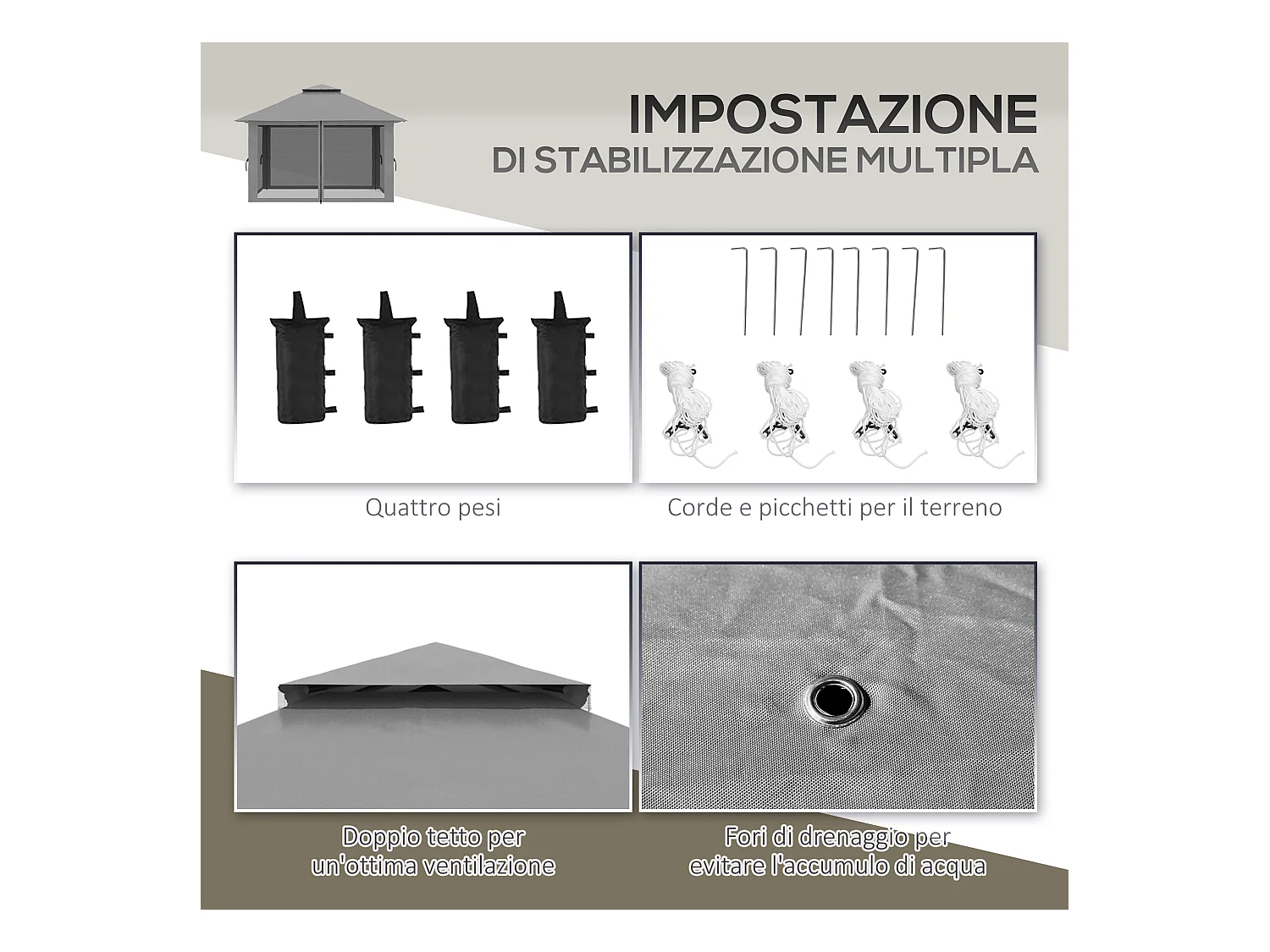 Gazebo pieghevole 4x4 fori di drenaggio e doppio tettuccio