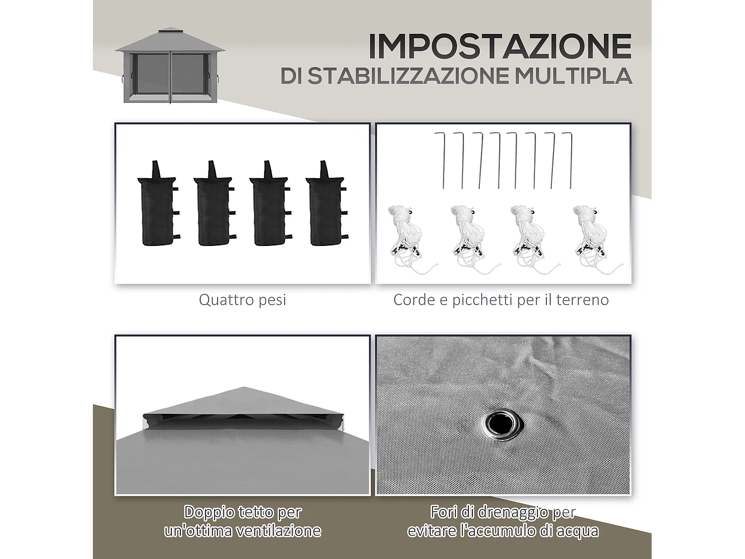 Gazebo pieghevole 4x4 fori di drenaggio e doppio tettuccio