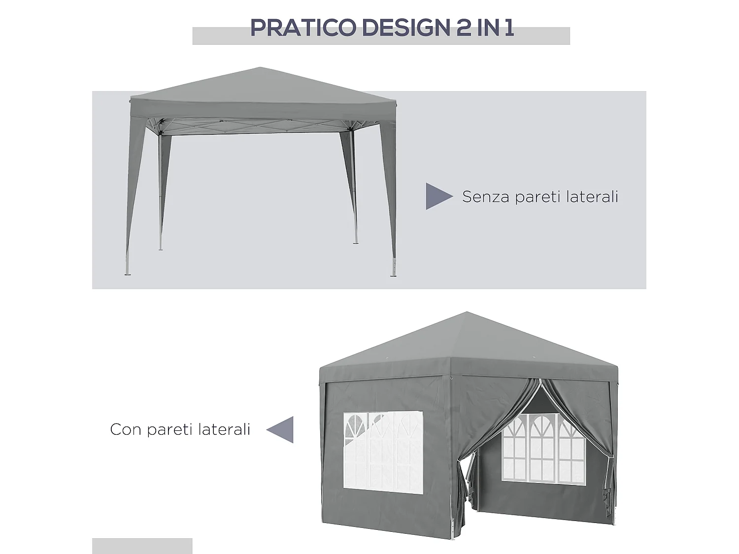 Gazebo da esterno 3x3 m pieghevole con 4 pannelli grigio chiaro