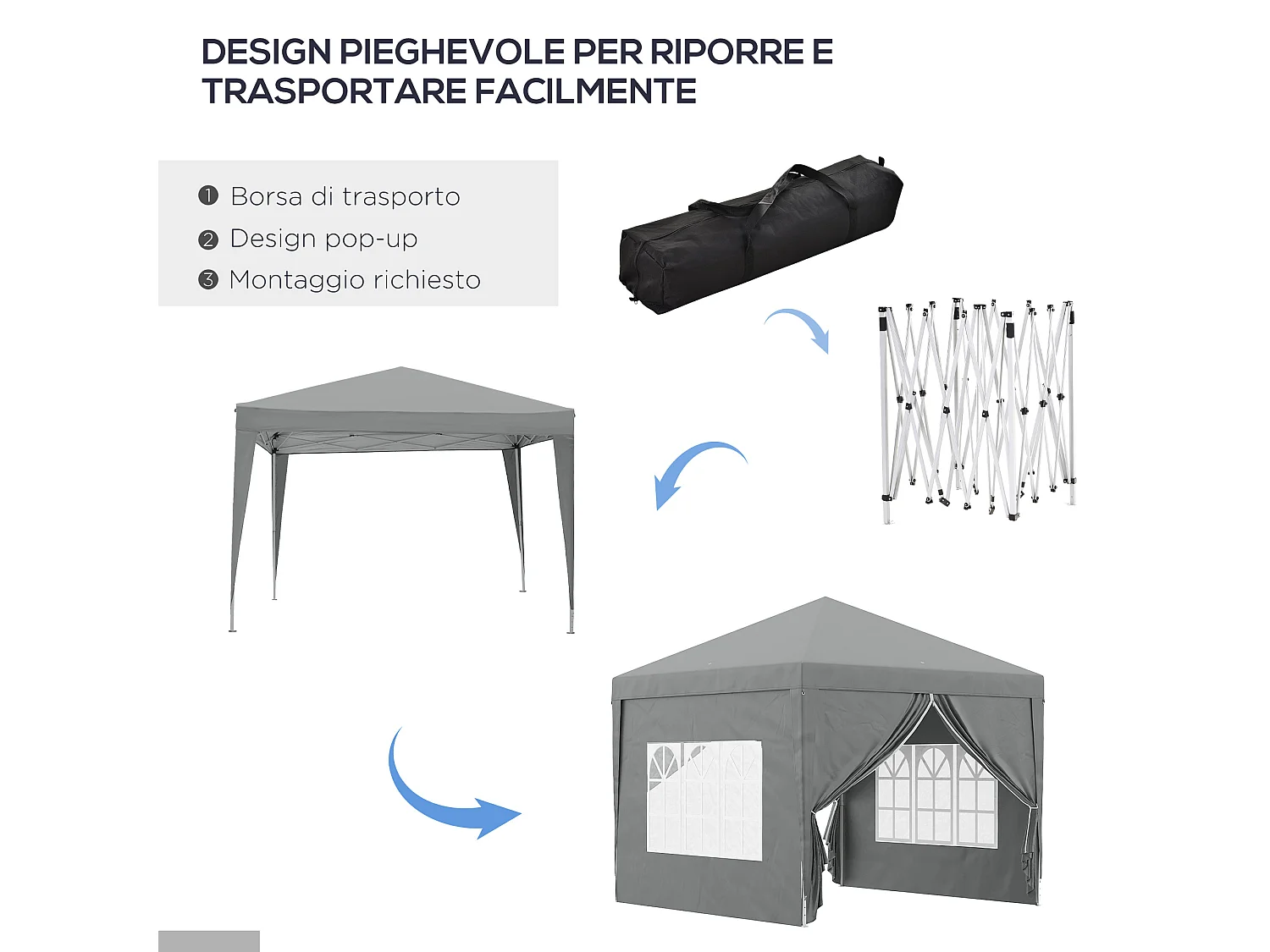 Gazebo da esterno 3x3 m pieghevole con 4 pannelli grigio chiaro