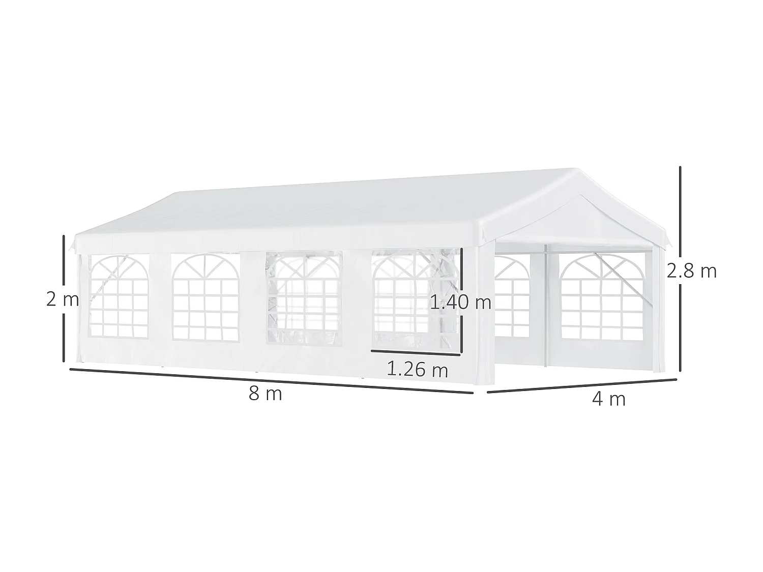 Gazebo da giardino 8x4m con pareti rimovibili e 8 finestre