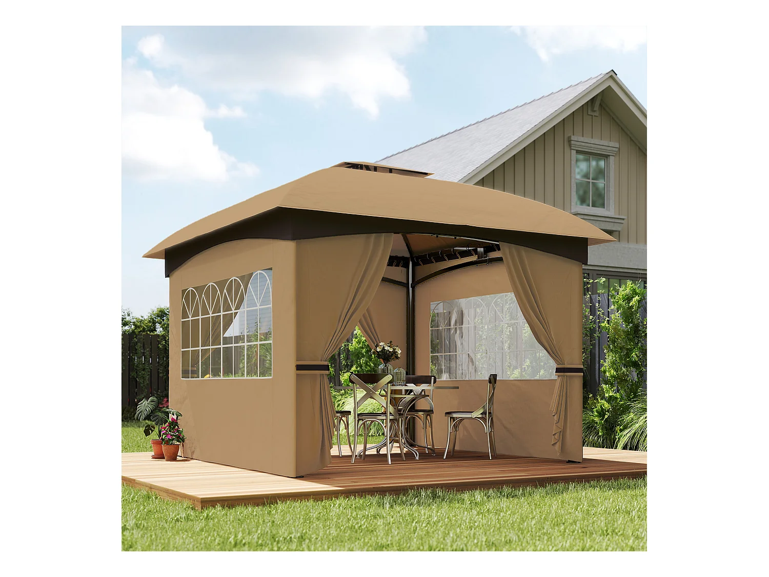 Gazebo da giardino 3.4x3.4m con pareti e doppio tetto beige