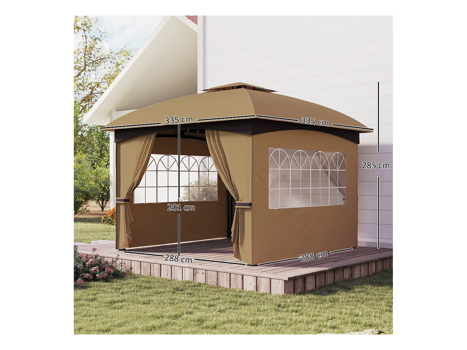 Gazebo da giardino 3.4x3.4m con pareti e doppio tetto beige