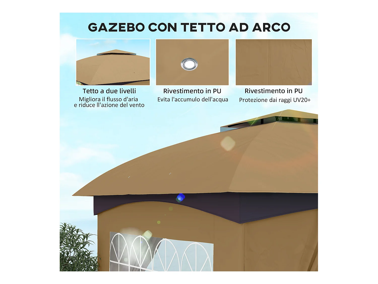 Gazebo da giardino 3.4x3.4m con pareti e doppio tetto beige