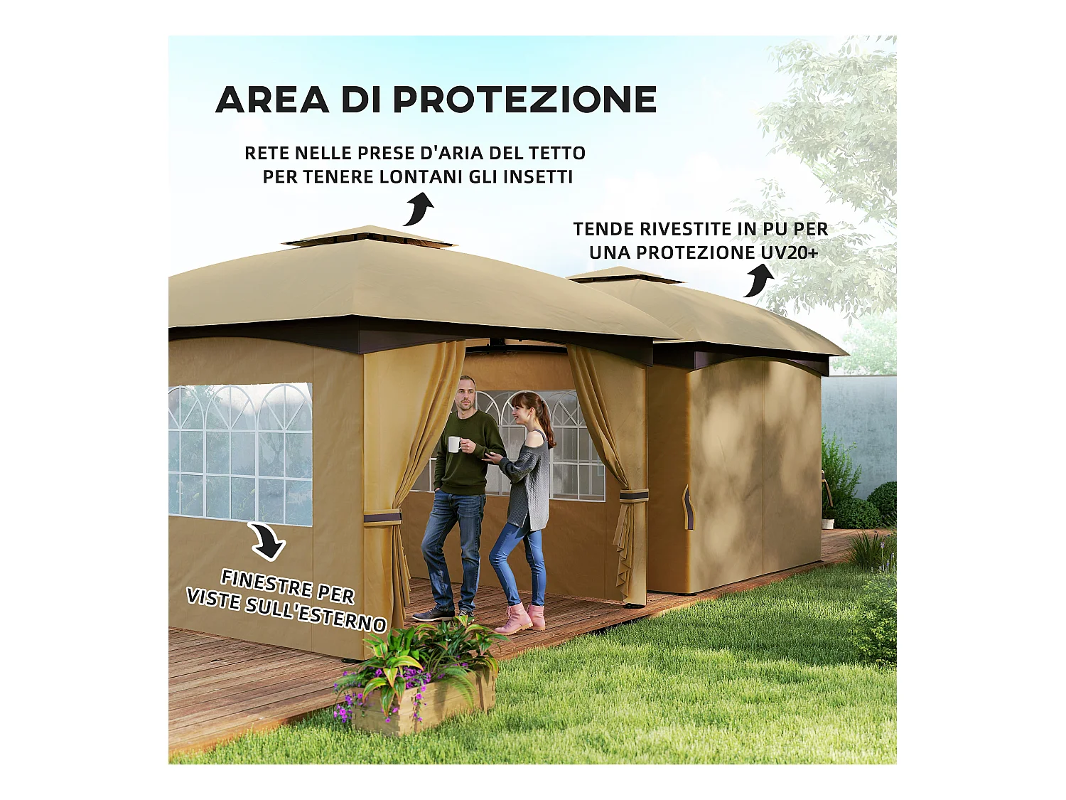 Gazebo da giardino 3.4x3.4m con pareti e doppio tetto beige