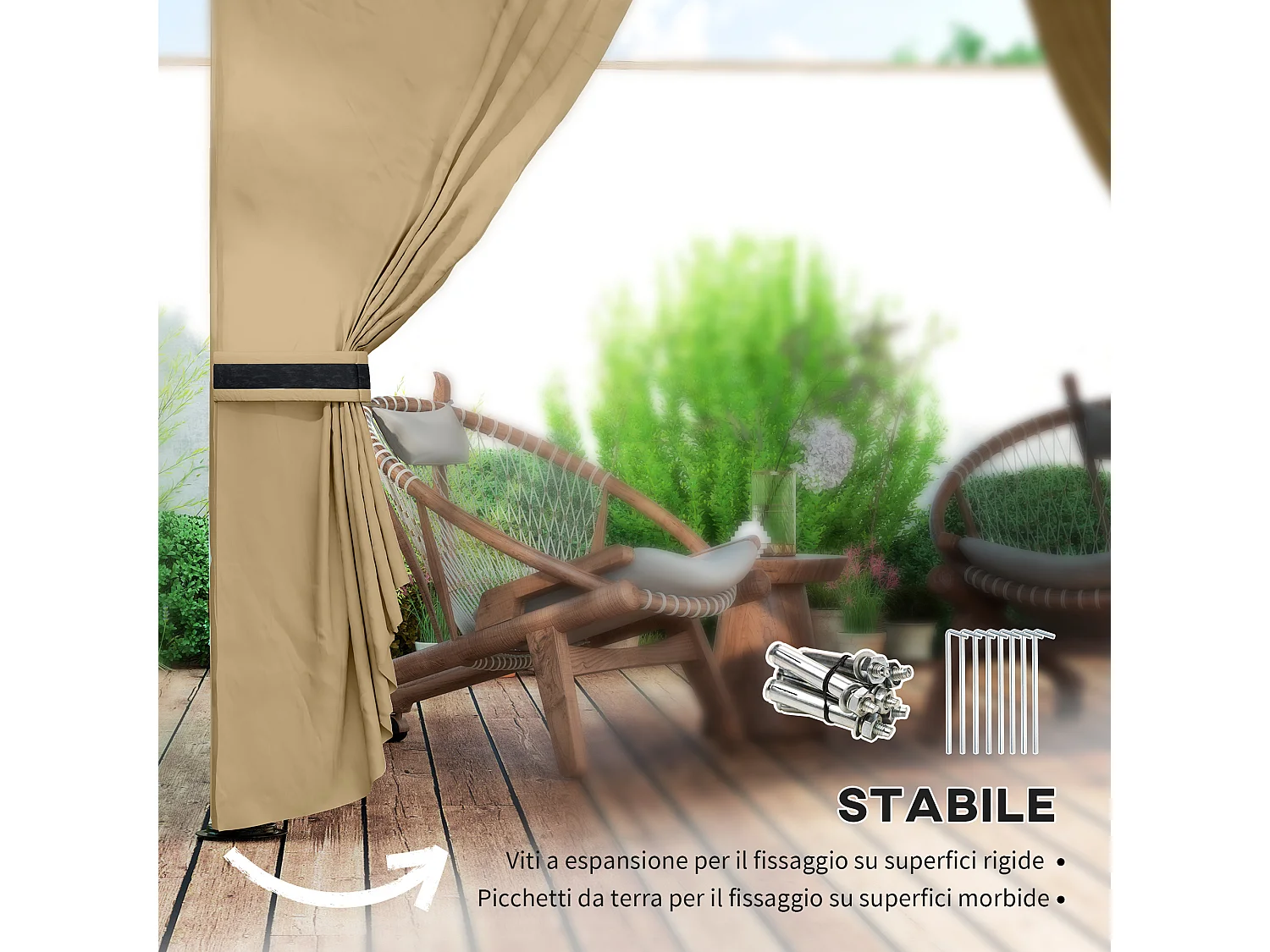 Gazebo da giardino 3.4x3.4m con pareti e doppio tetto beige