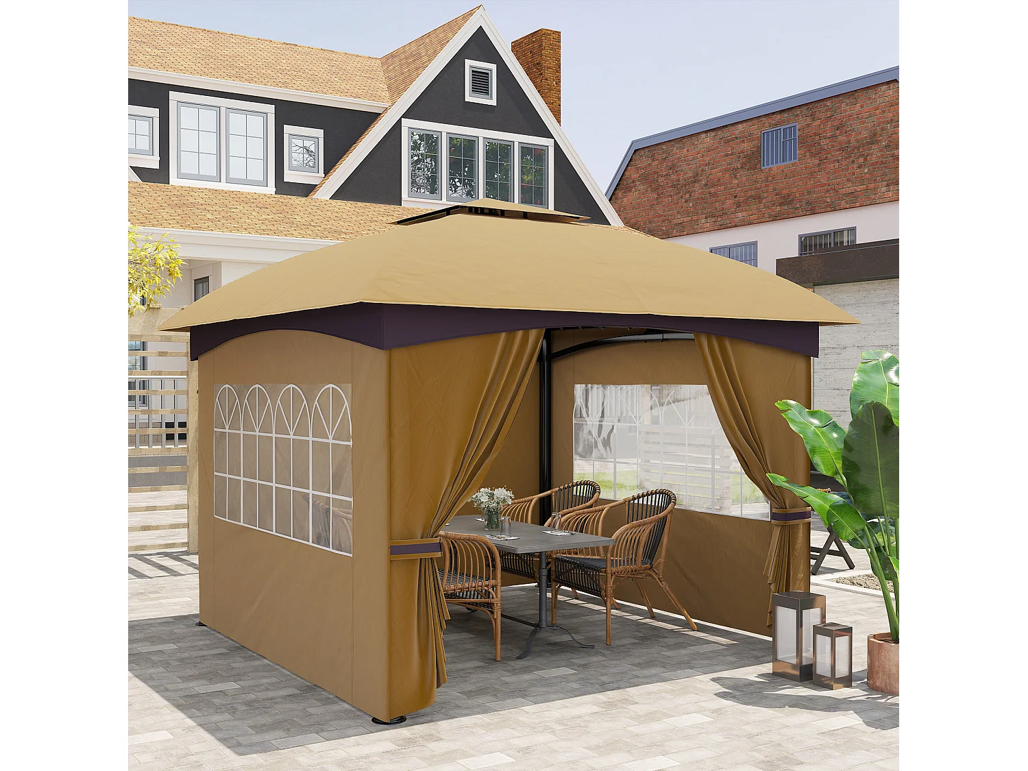 Gazebo da giardino 3.4x3.4m con pareti e doppio tetto beige
