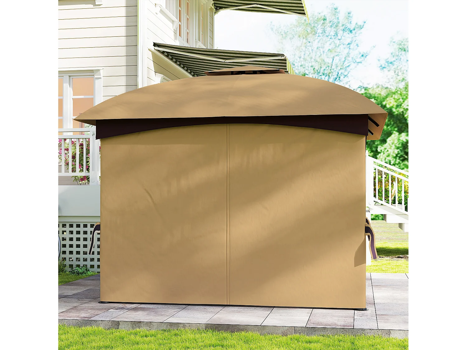 Gazebo da giardino 3.4x3.4m con pareti e doppio tetto beige