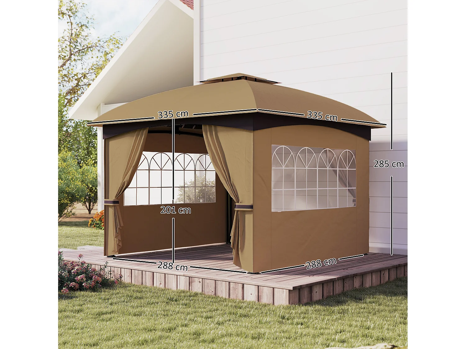 Gazebo da giardino 3.4x3.4m con pareti e doppio tetto beige
