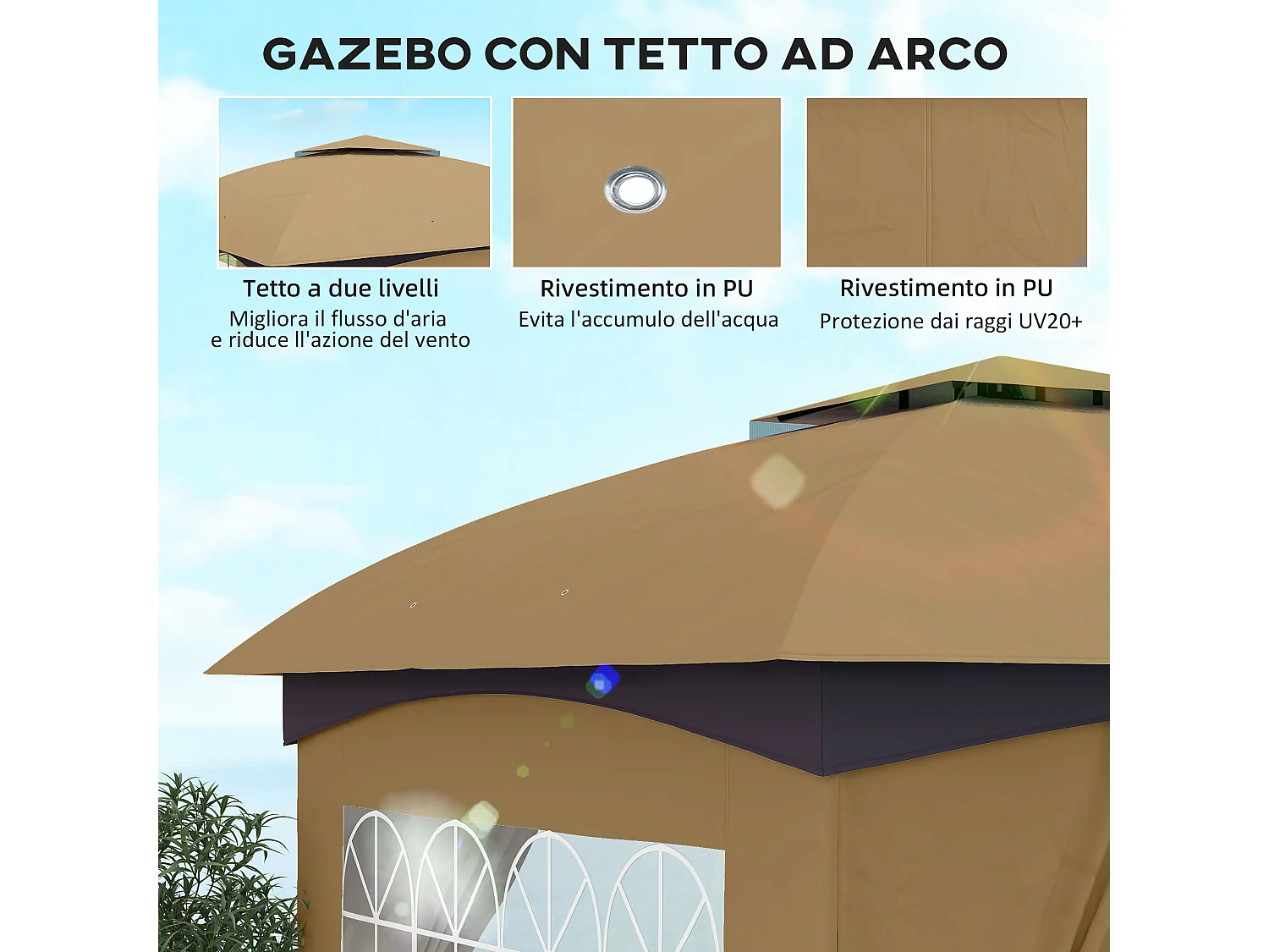 Gazebo da giardino 3.4x3.4m con pareti e doppio tetto beige