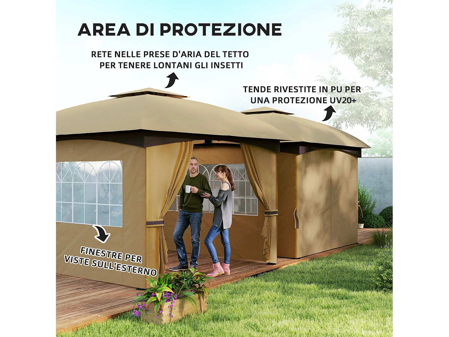Gazebo da giardino 3.4x3.4m con pareti e doppio tetto beige