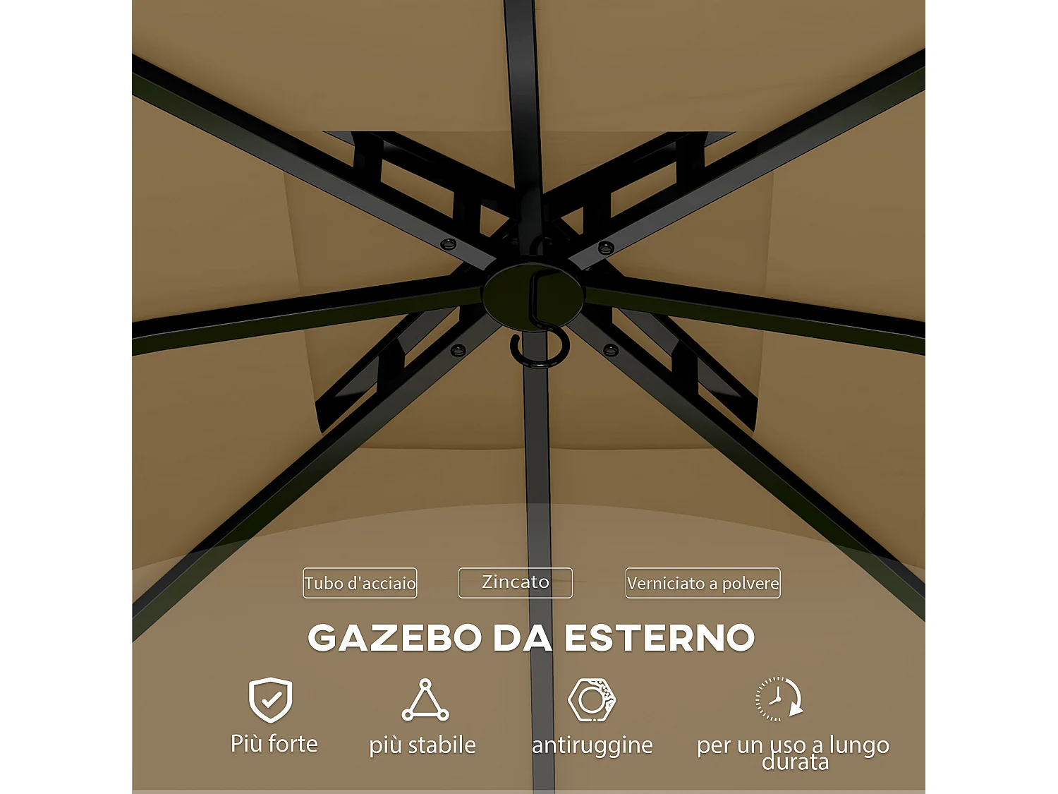 Gazebo da giardino 3.4x3.4m con pareti e doppio tetto beige