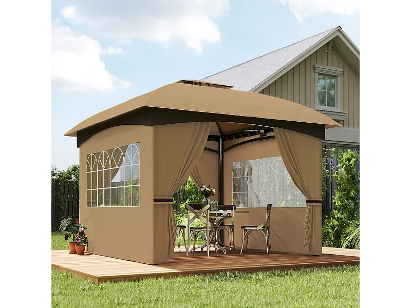 Gazebo da giardino 3.4x3.4m con pareti e doppio tetto beige