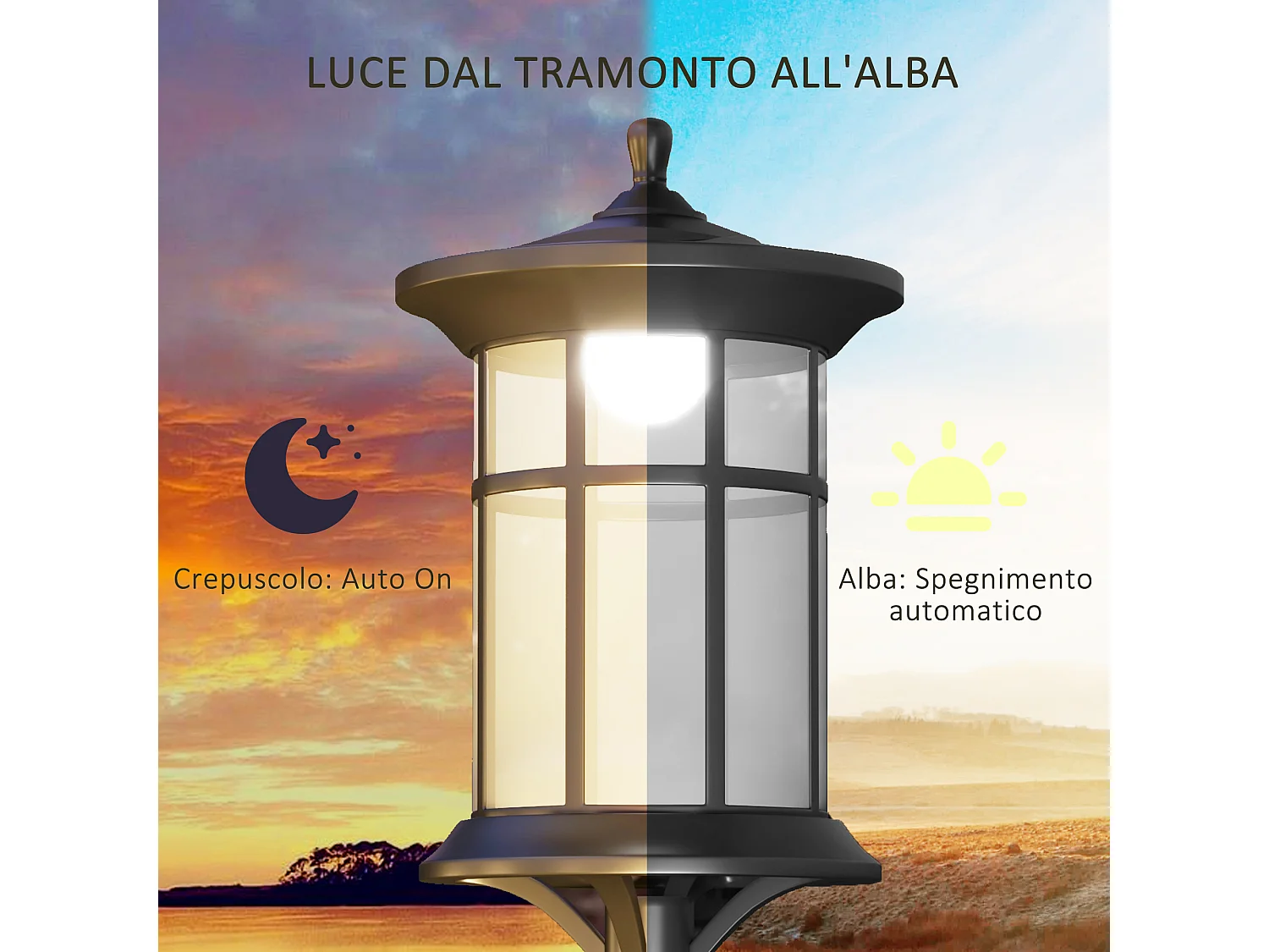 Lampione da giardino solare alto 184cm con luce led nero