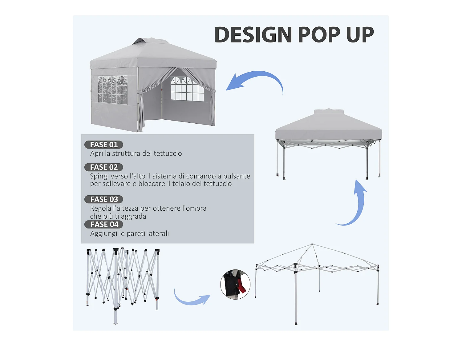 Gazebo pieghevole 3x3 m con altezza regolabile e borsa grigio chiaro