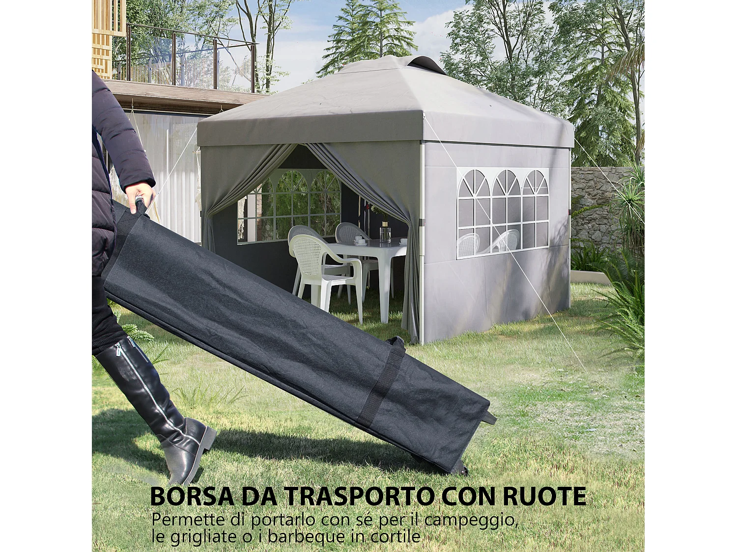 Gazebo pieghevole 3x3 m con altezza regolabile e borsa grigio chiaro