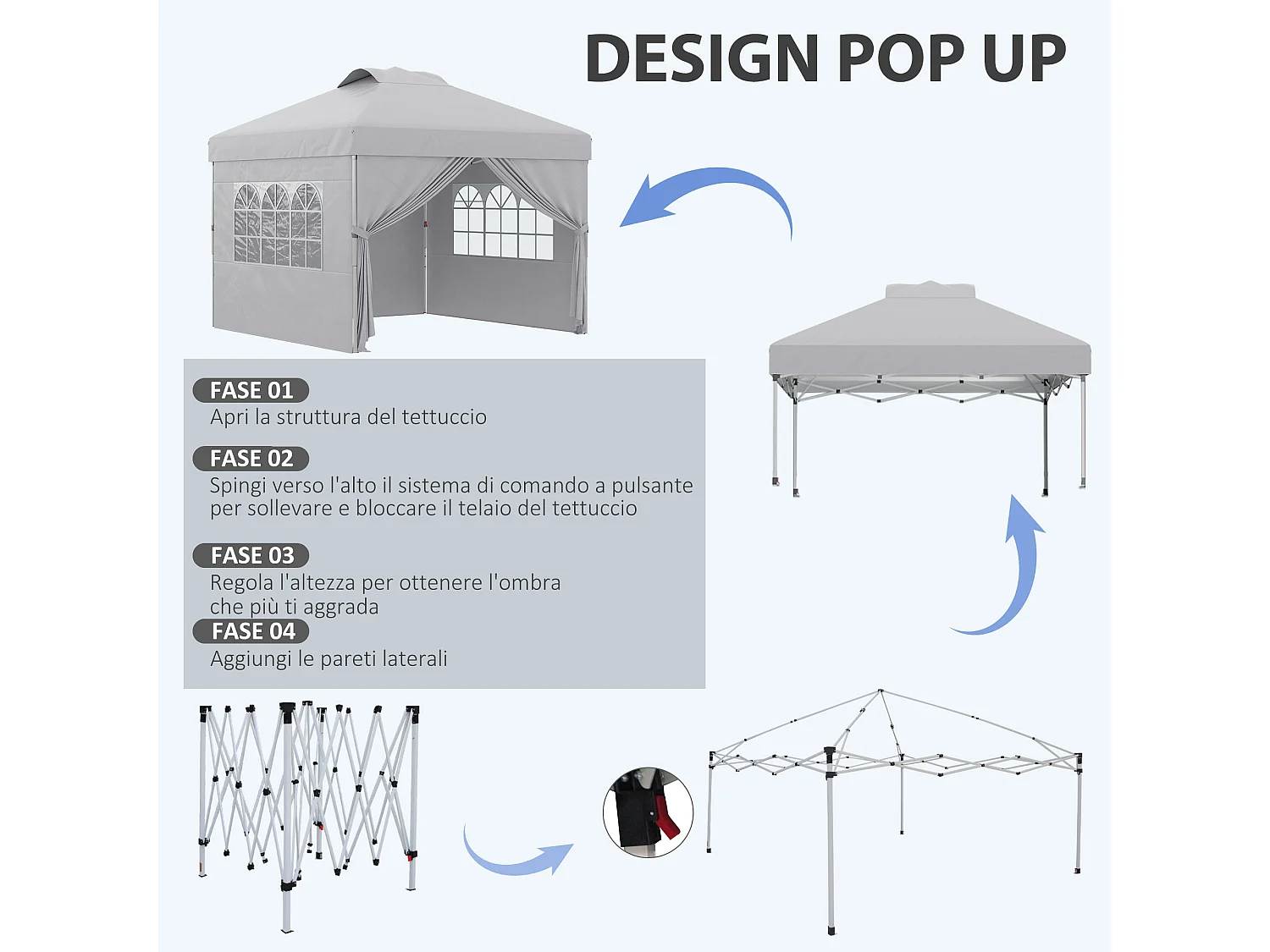 Gazebo pieghevole 3x3 m con altezza regolabile e borsa grigio chiaro