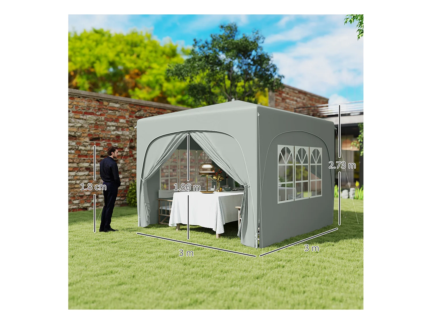 Gazebo da giardino 3x3m pieghevole con altezza regolabile grigio