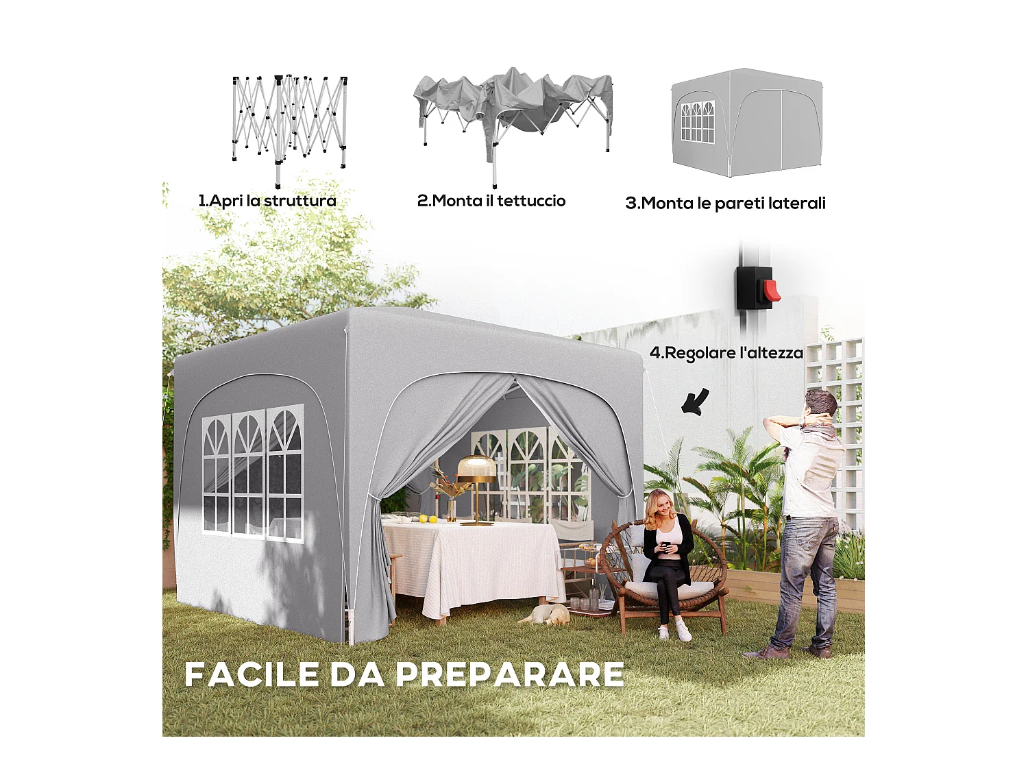 Gazebo da giardino 3x3m pieghevole con altezza regolabile grigio