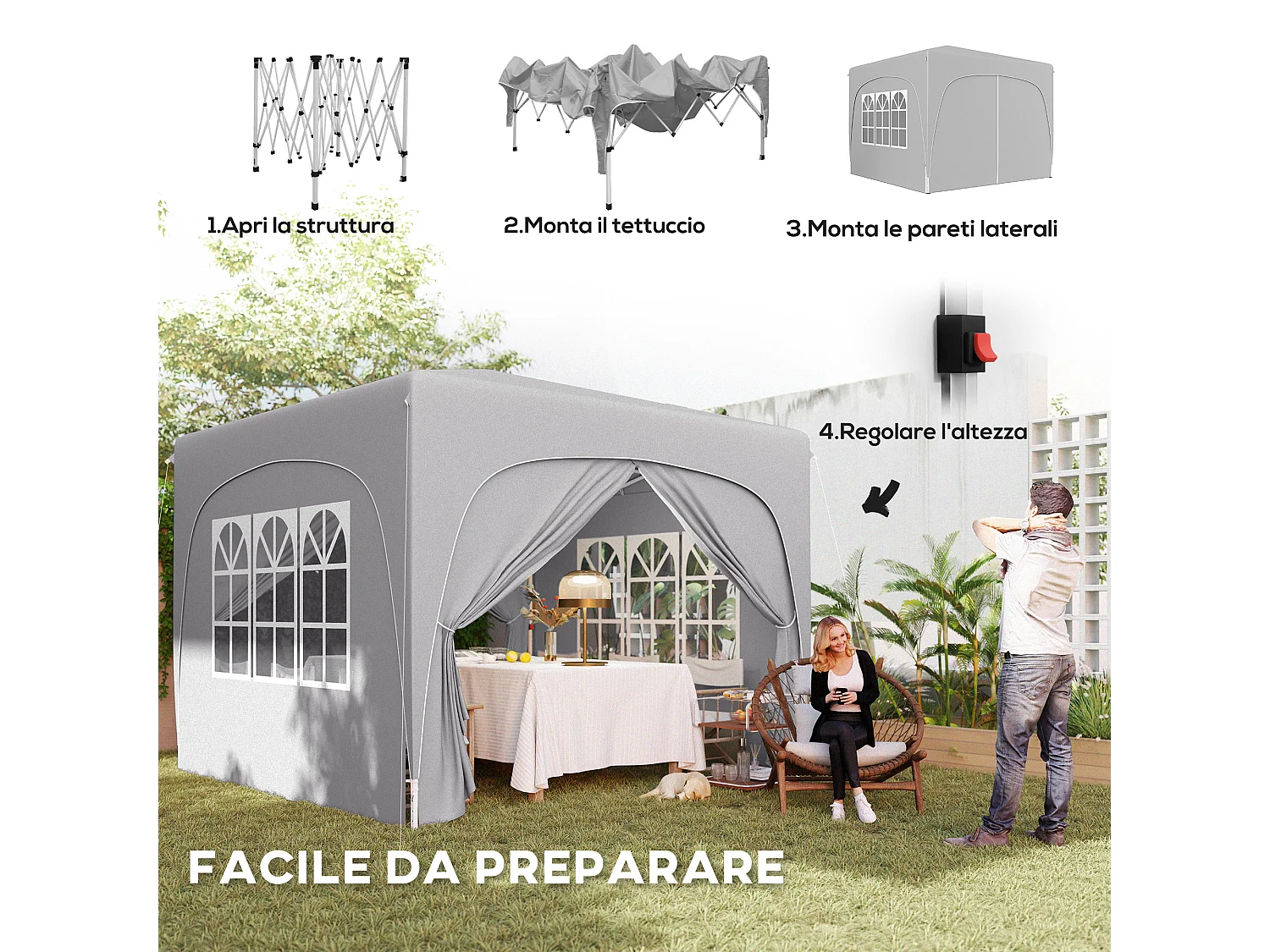 Gazebo da giardino 3x3m pieghevole con altezza regolabile grigio