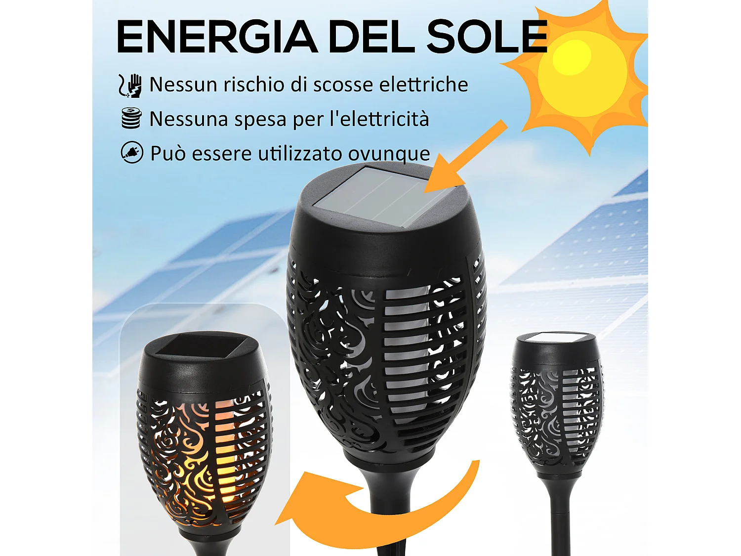 Set 4 faretti da esterno led a energia solare ø12x72 cm nero