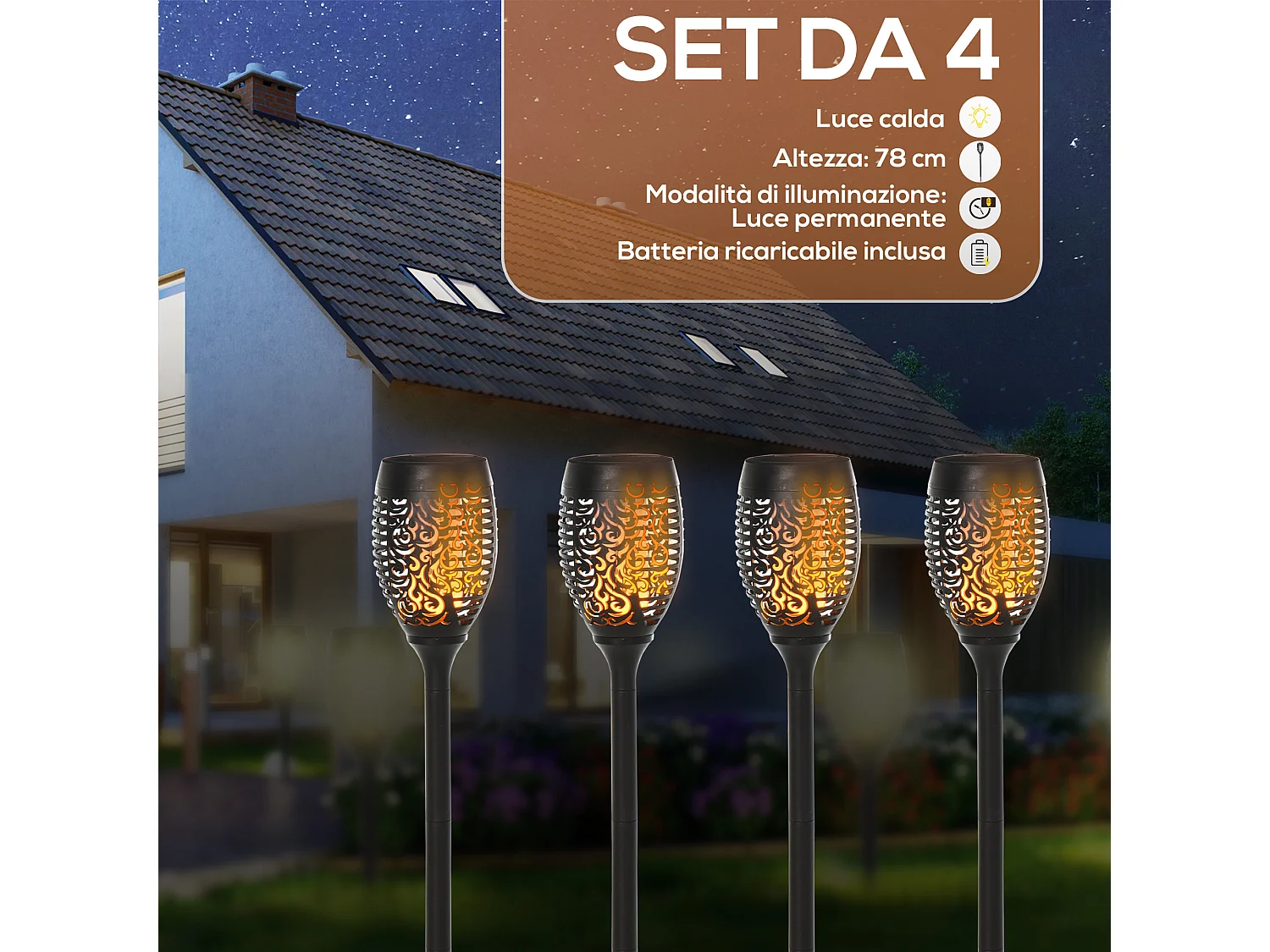 Set 4 faretti da esterno led a energia solare ø12x72 cm nero