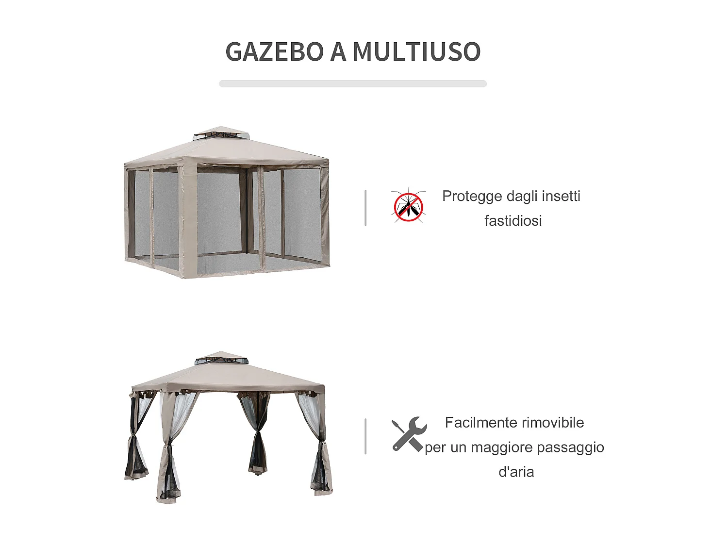 Gazebo da giardino 3x3m con zanzariera metallo e poliestere