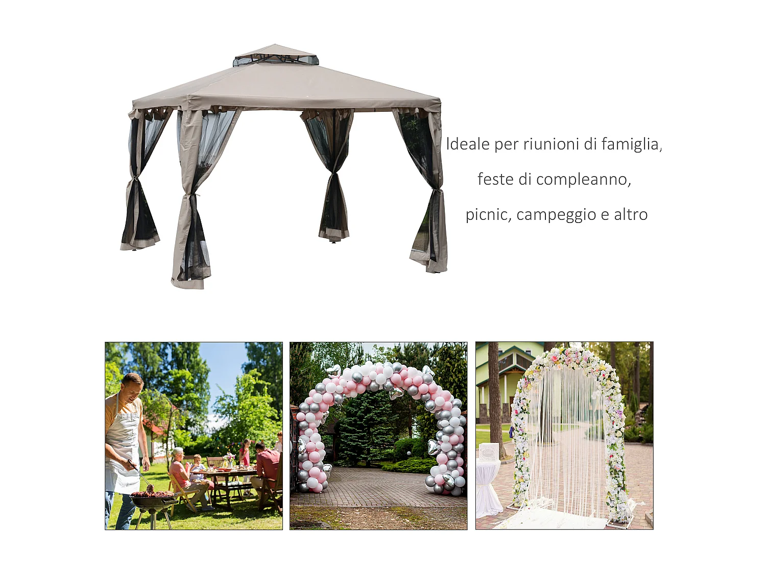 Gazebo da giardino 3x3m con zanzariera metallo e poliestere