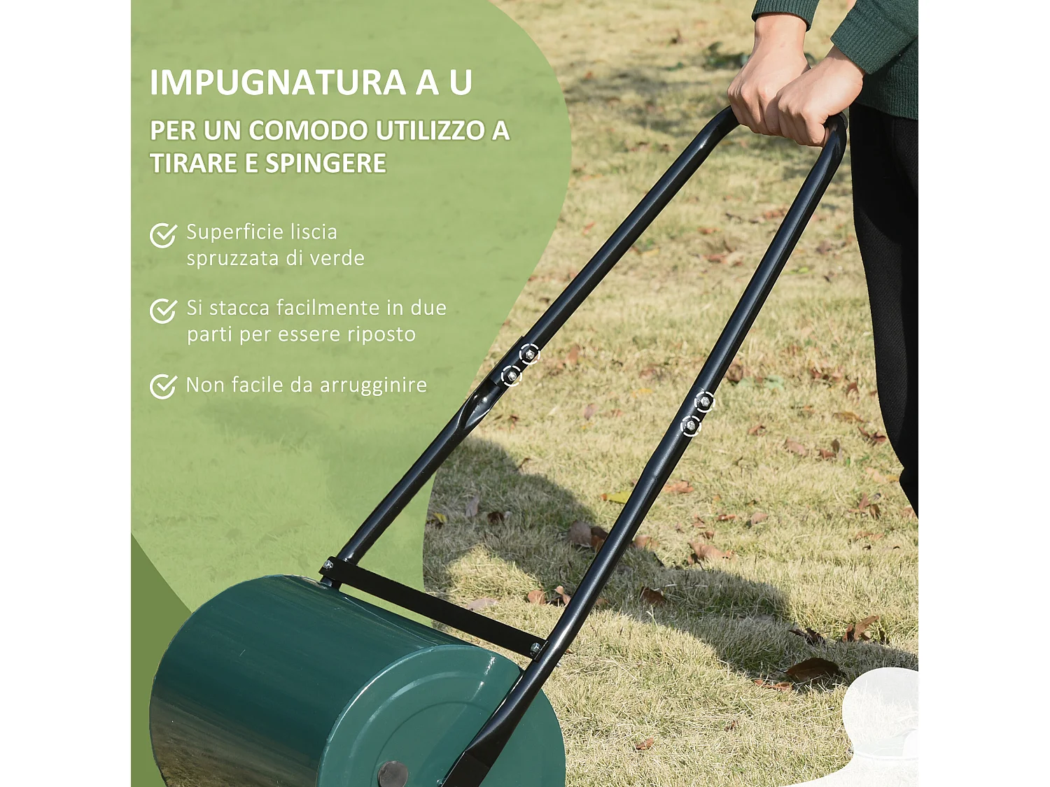 Rullo per prato da 30l di capacità in metallo verde scuro