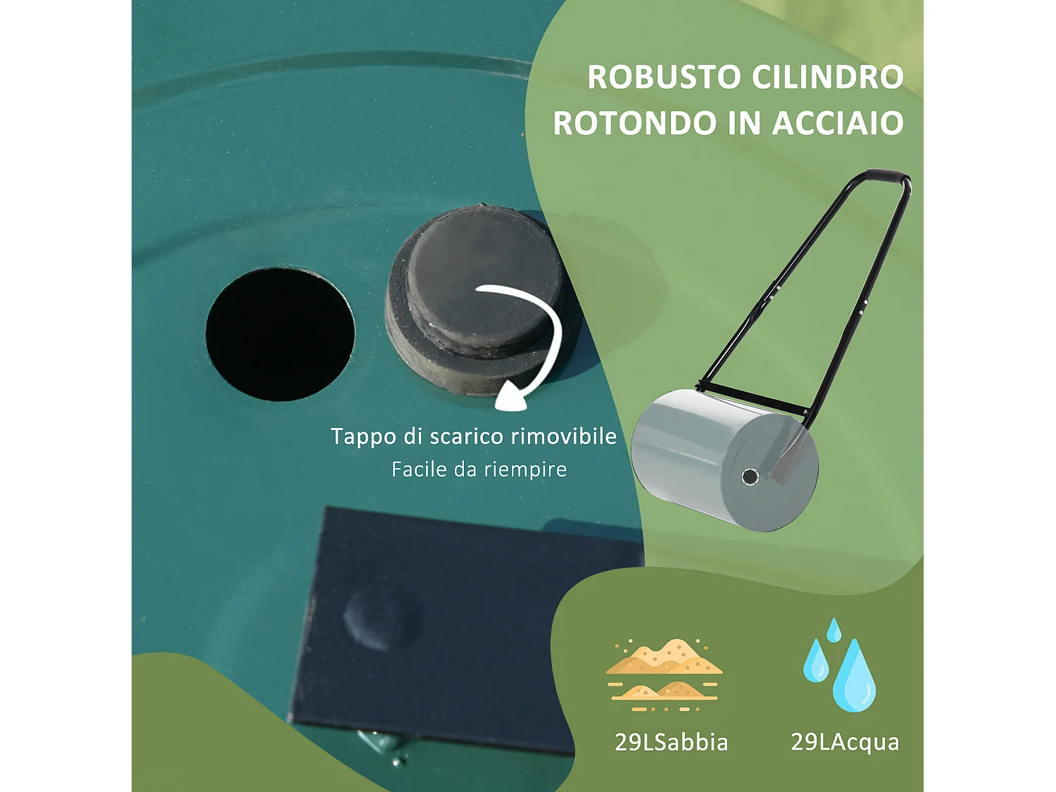 Rullo per prato da 30l di capacità in metallo verde scuro