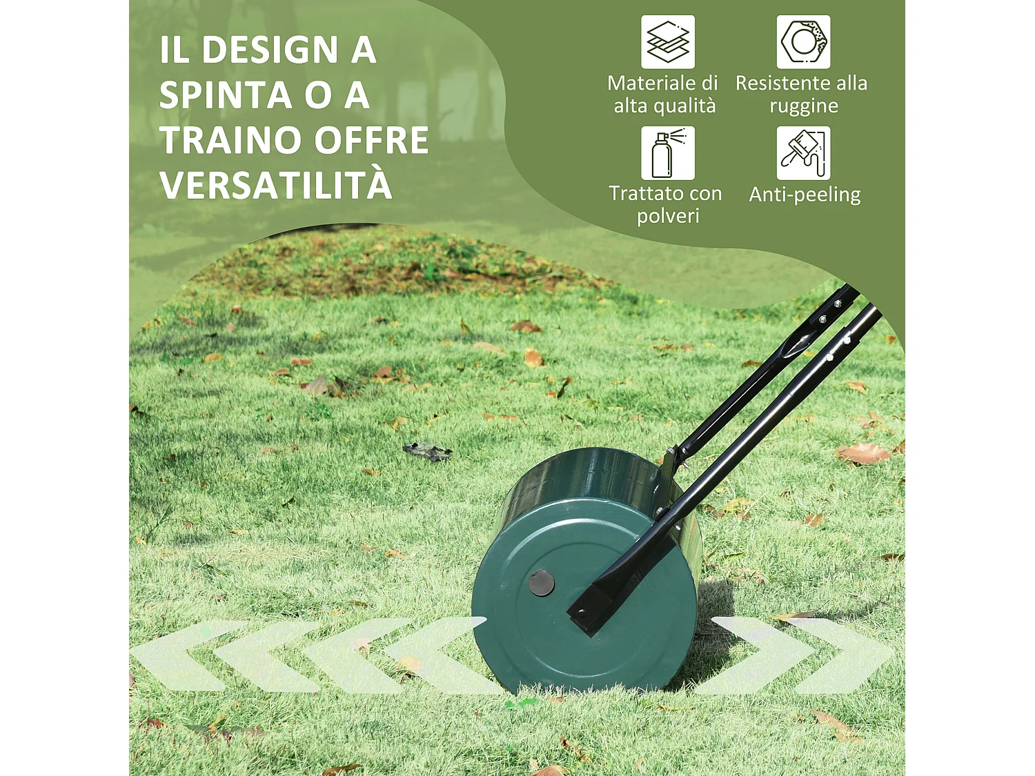 Rullo per prato da 30l di capacità in metallo verde scuro