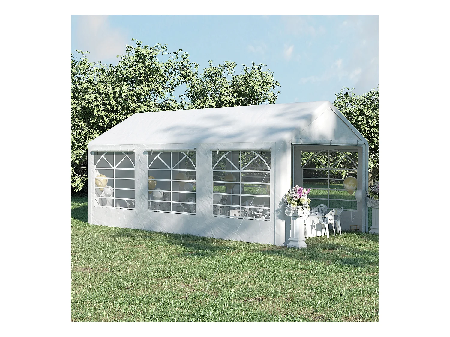 Gazebo da giardino con finestre e porte a cerniera 6x3m bianco