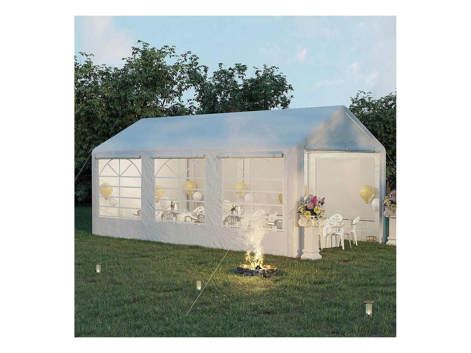 Gazebo da giardino con finestre e porte a cerniera 6x3m bianco