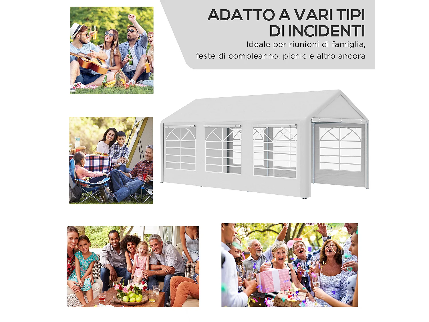 Gazebo da giardino con finestre e porte a cerniera 6x3m bianco