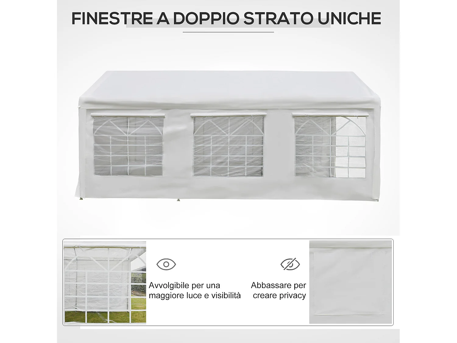 Gazebo da giardino con finestre e porte a cerniera 6x3m bianco