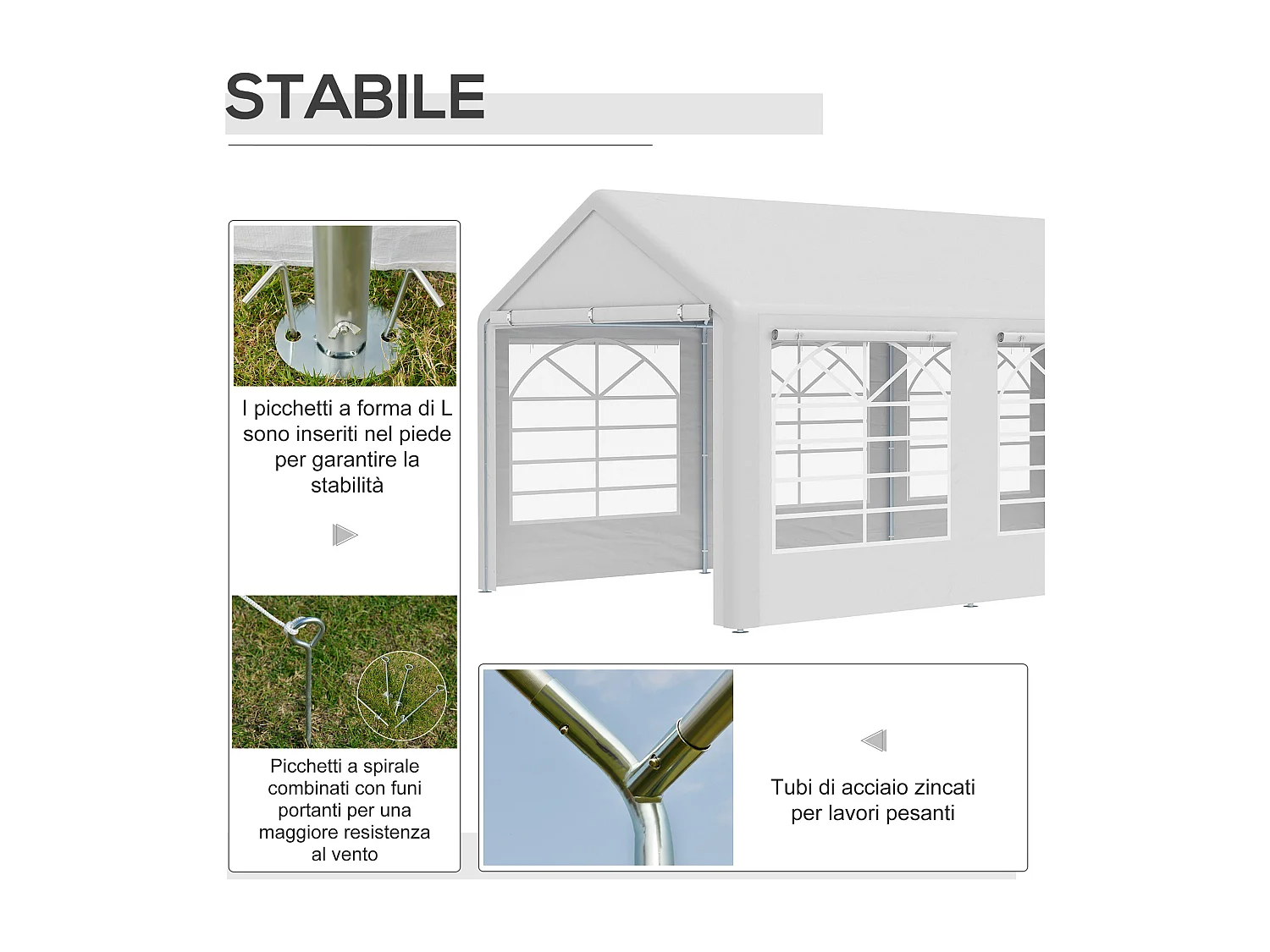 Gazebo da giardino con finestre e porte a cerniera 6x3m bianco