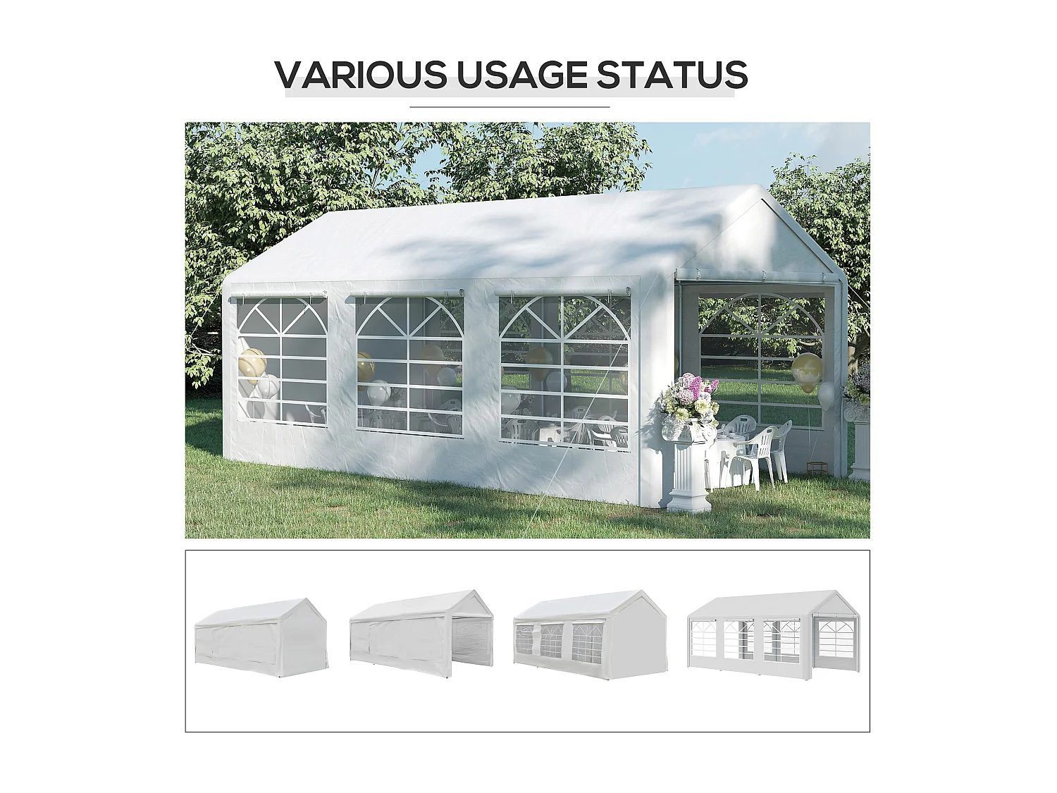 Gazebo da giardino con finestre e porte a cerniera 6x3m bianco