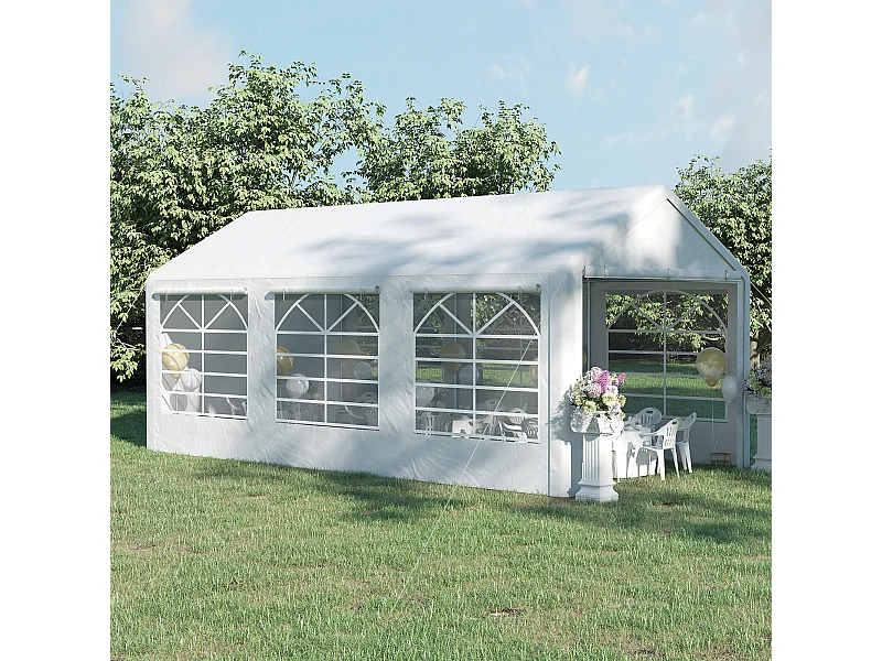 Gazebo da giardino con finestre e porte a cerniera 6x3m bianco