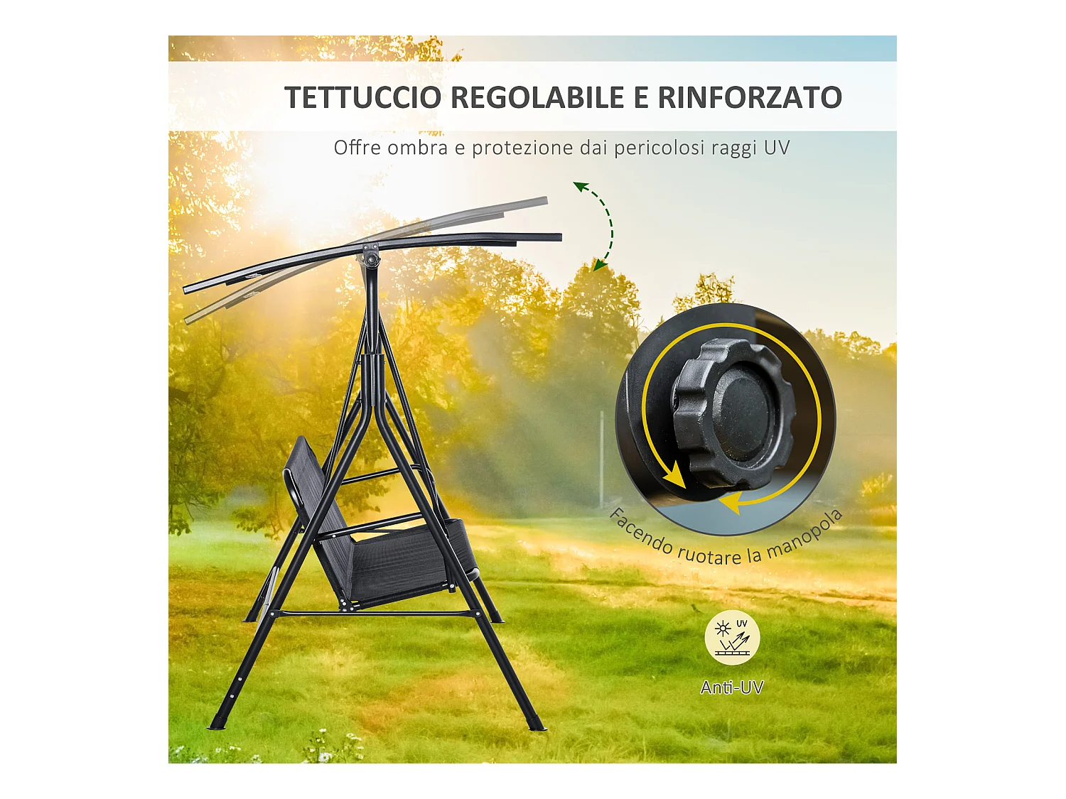 Dondolo da giardino 2 posti con tettuccio parasole regolabile