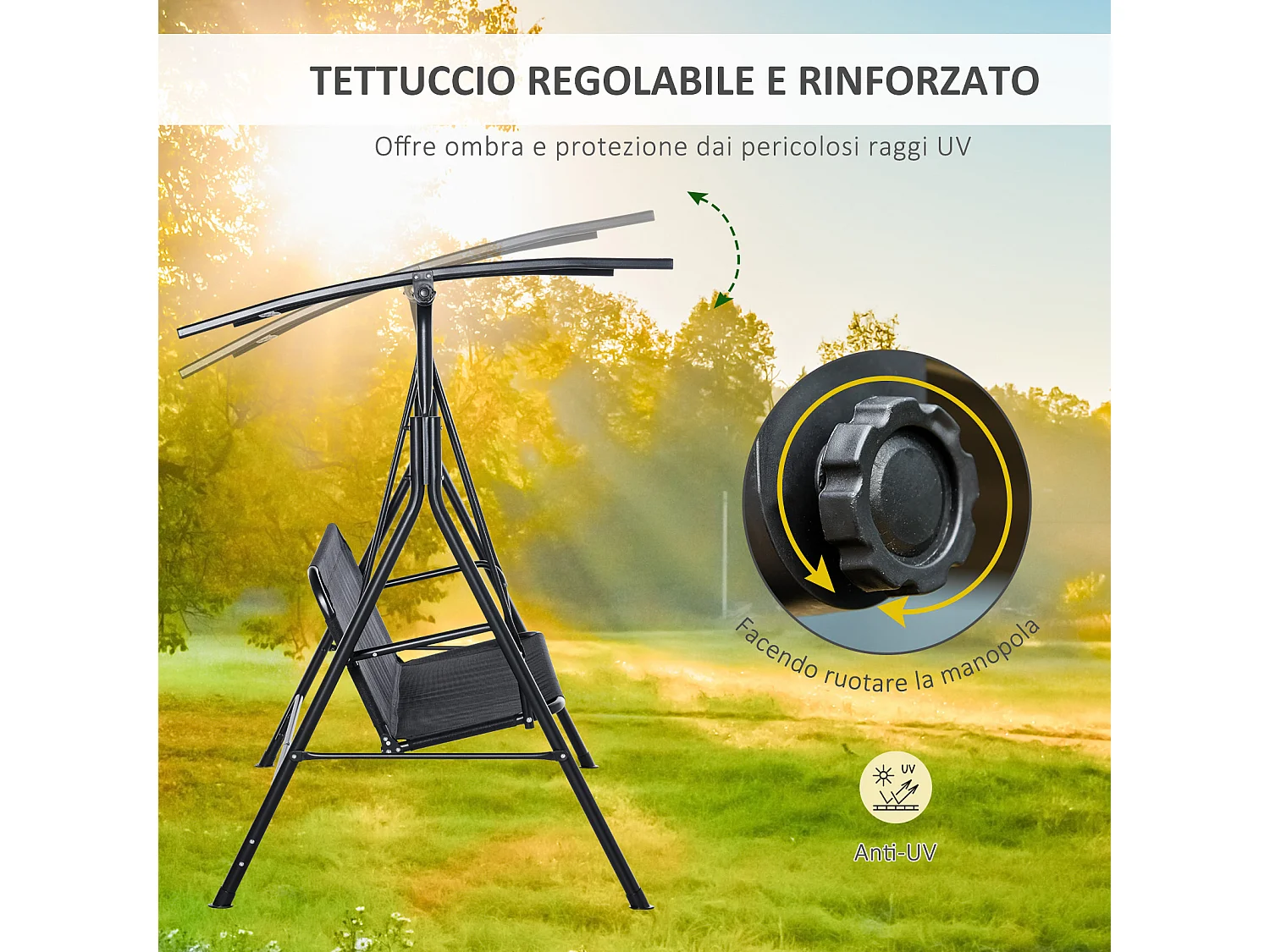 Dondolo da giardino 2 posti con tettuccio parasole regolabile