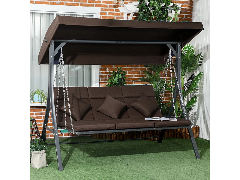 Dondolo da giardino 3 posti chaise longue con tettuccio marrone