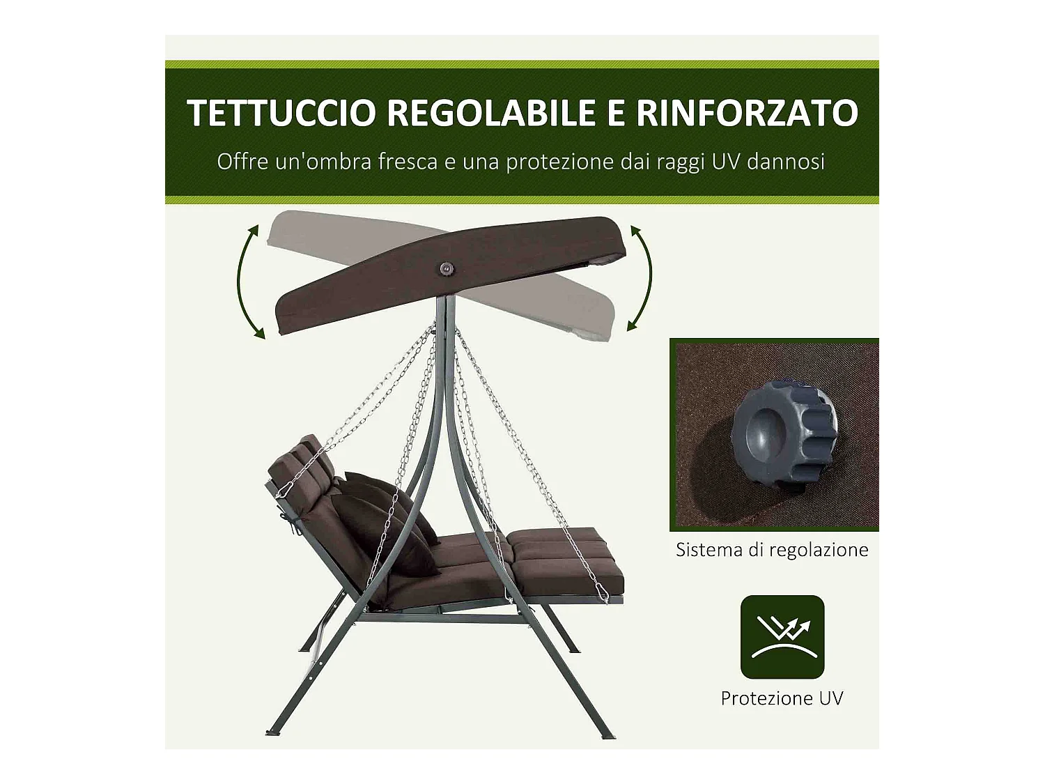 Dondolo da giardino 3 posti chaise longue con tettuccio marrone