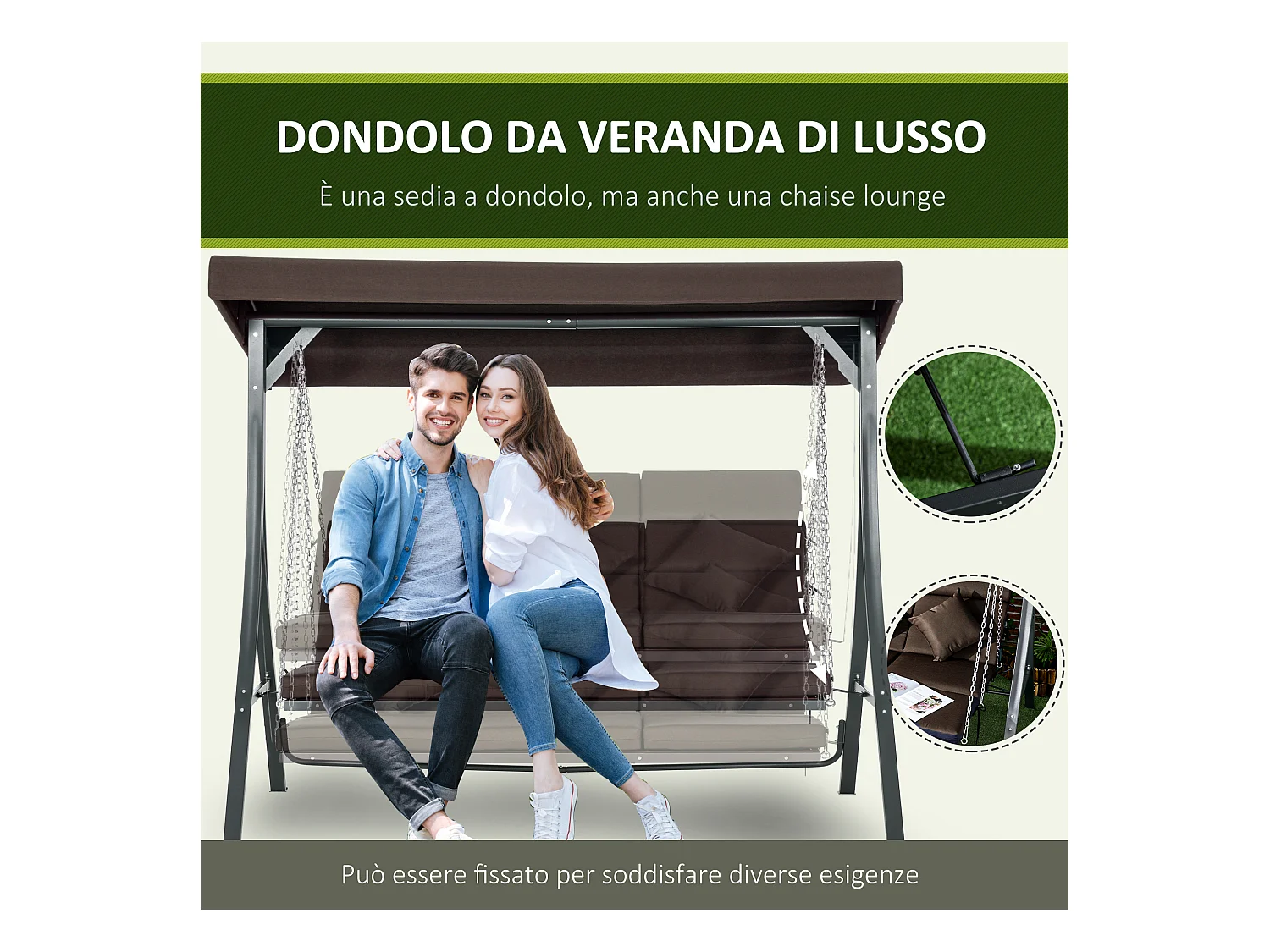 Dondolo da giardino 3 posti chaise longue con tettuccio marrone