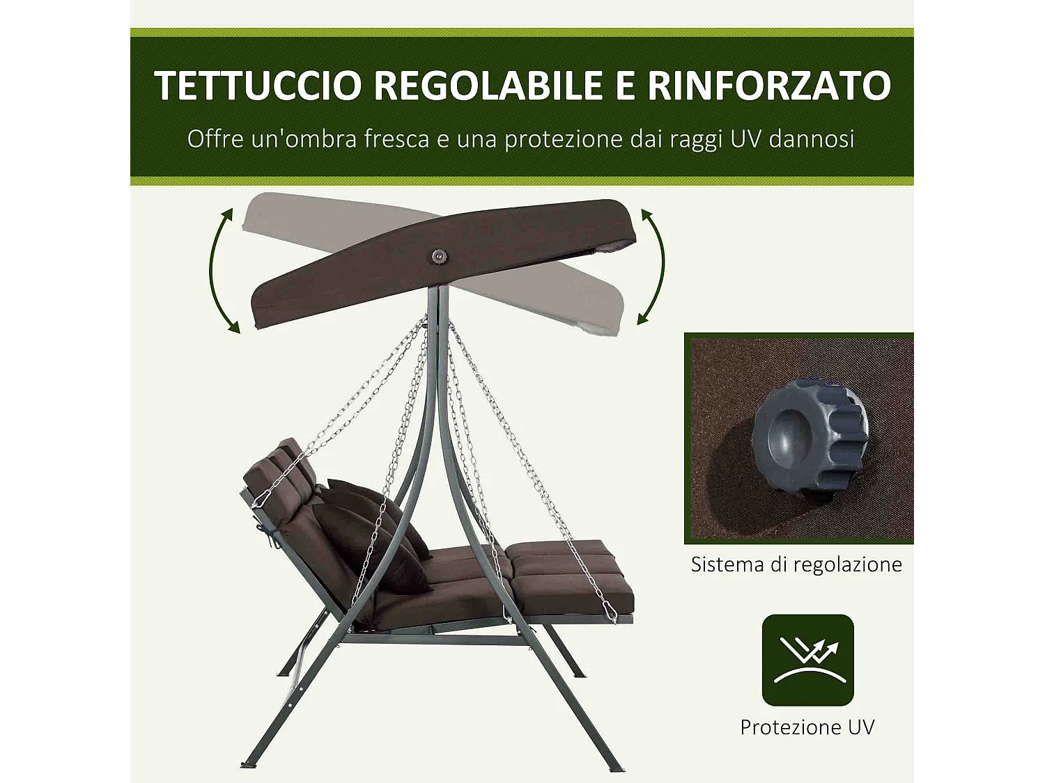 Dondolo da giardino 3 posti chaise longue con tettuccio marrone