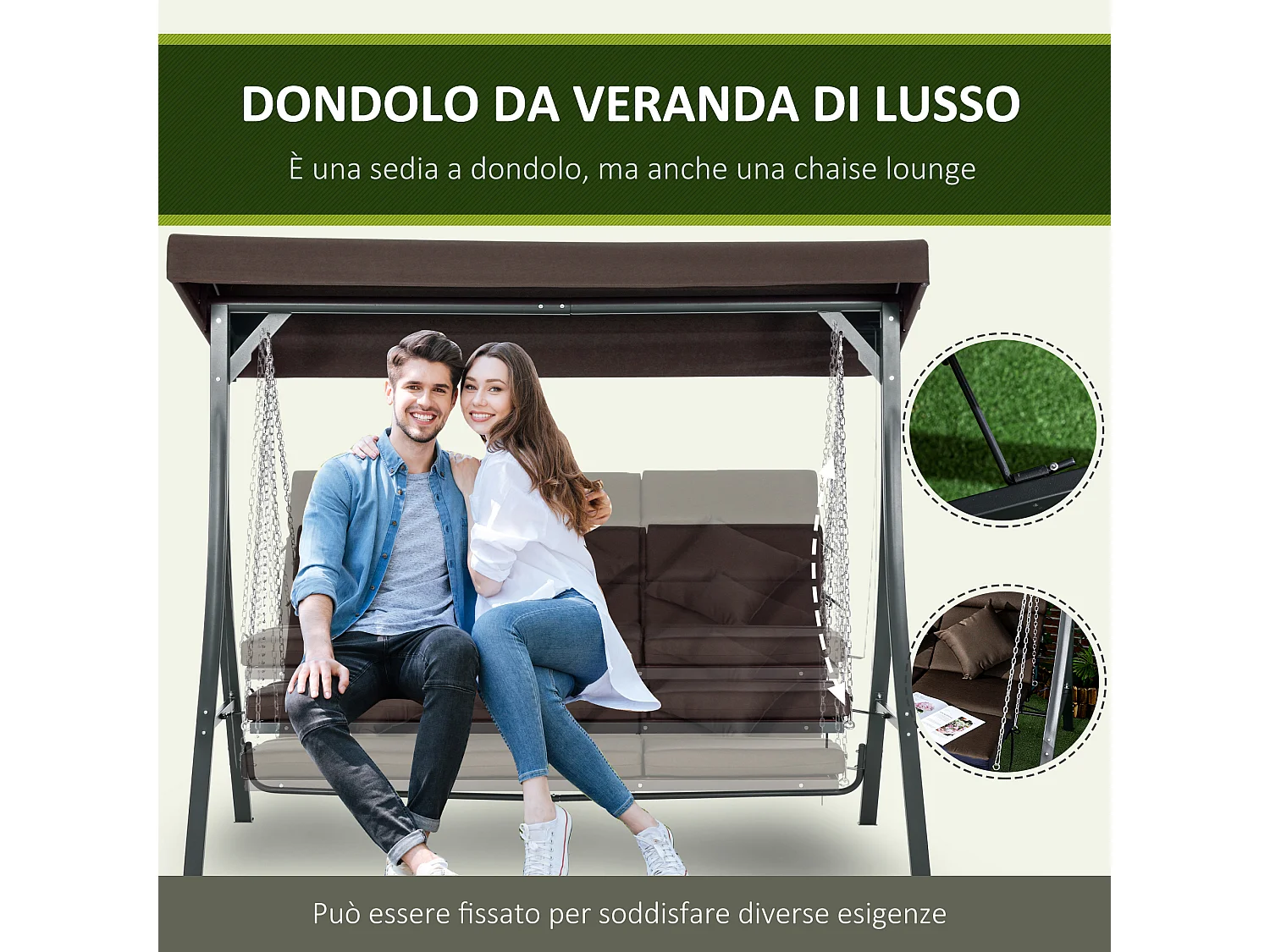 Dondolo da giardino 3 posti chaise longue con tettuccio marrone
