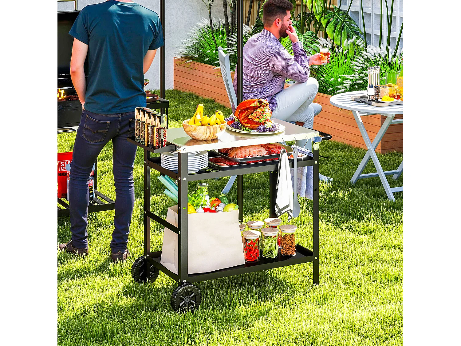 Carrello per barbecue con piano regolabile e ruote in acciaio nero