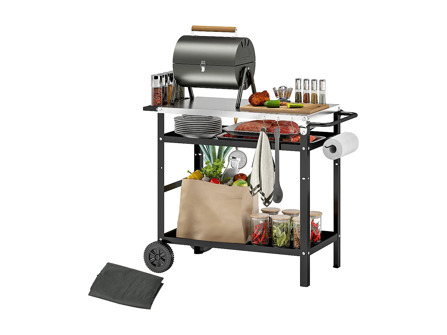 Carrello per barbecue con piano regolabile e ruote in acciaio nero