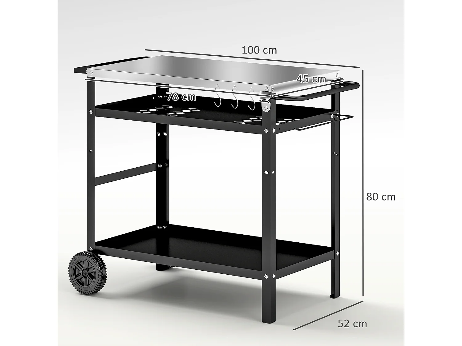 Carrello per barbecue con piano regolabile e ruote in acciaio nero