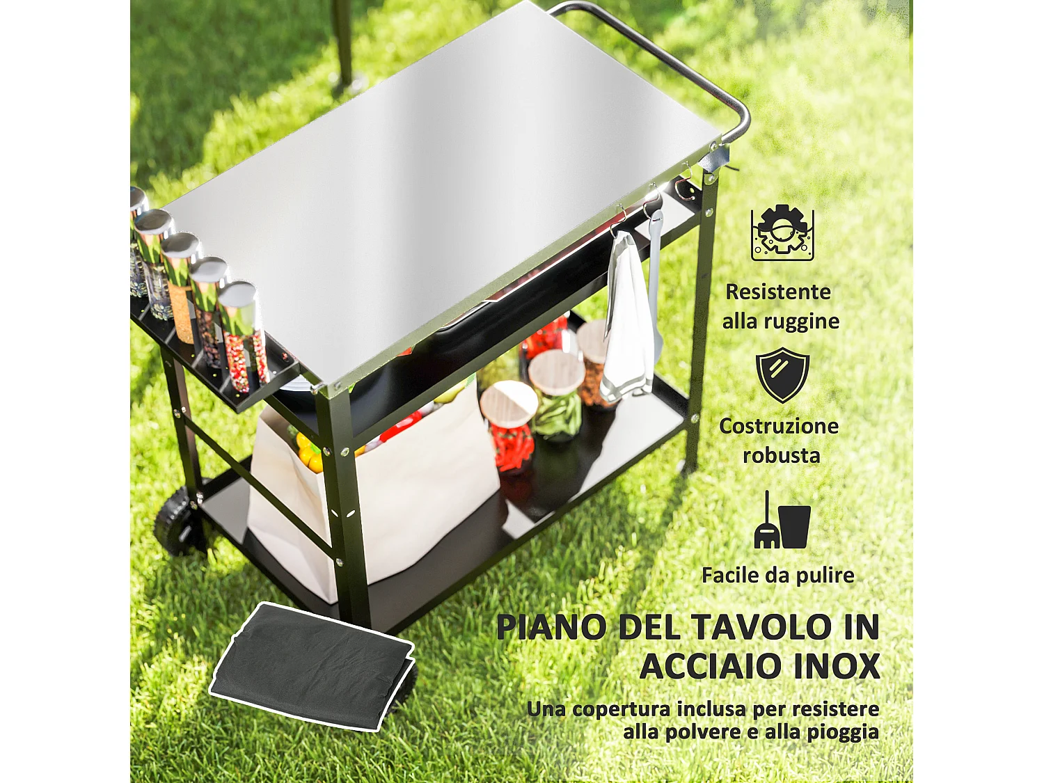 Carrello per barbecue con piano regolabile e ruote in acciaio nero
