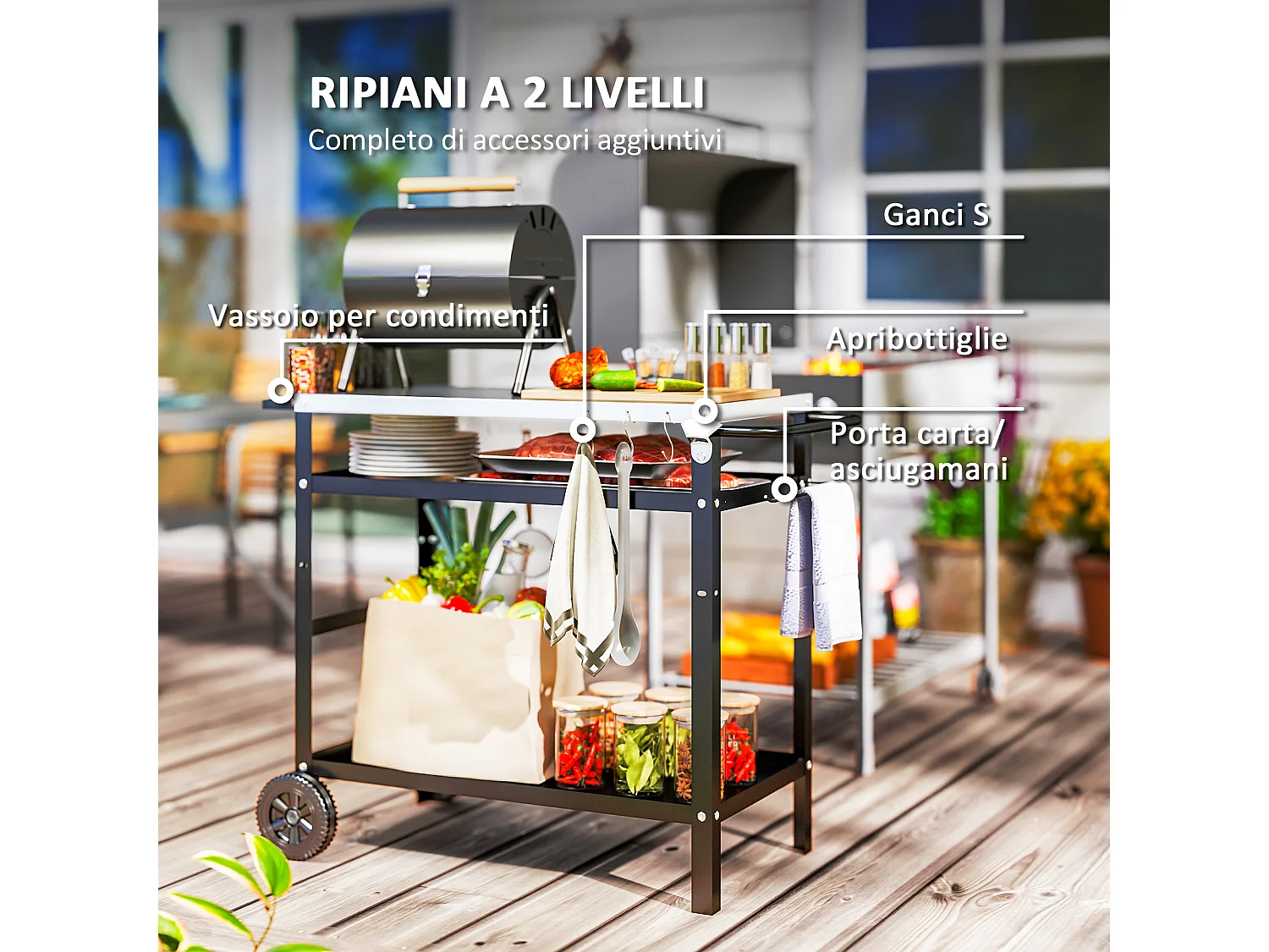 Carrello per barbecue con piano regolabile e ruote in acciaio nero